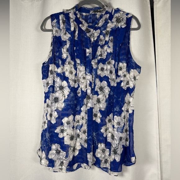 Elie Tahari Trixie Ruffle Blue and White Floral Textured Sleeveless Blouse - Picture 3 of 10